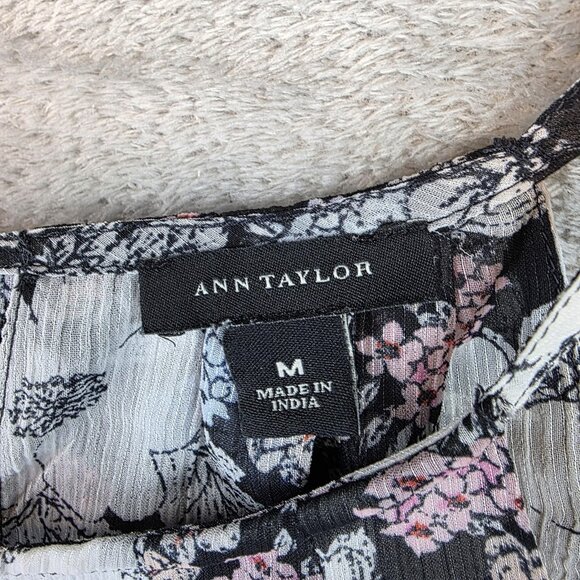 Ann Taylor Blouse Womens Medium Black Floral Halter Sleeveless Lined Keyhole - Picture 2 of 10